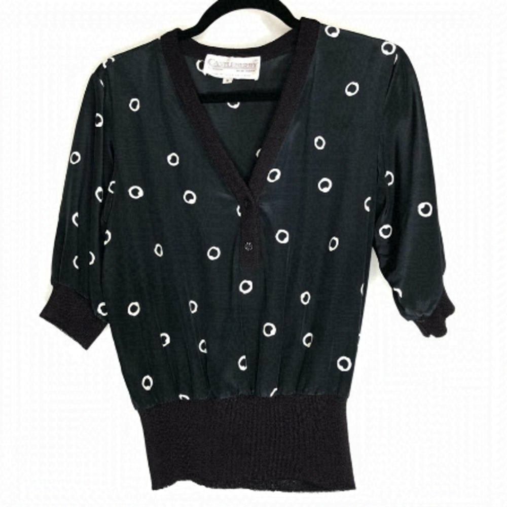 𝅺VINTAGE Castleberry Painted White Abstract Polka Dot Black Bomber Shirt Blouse